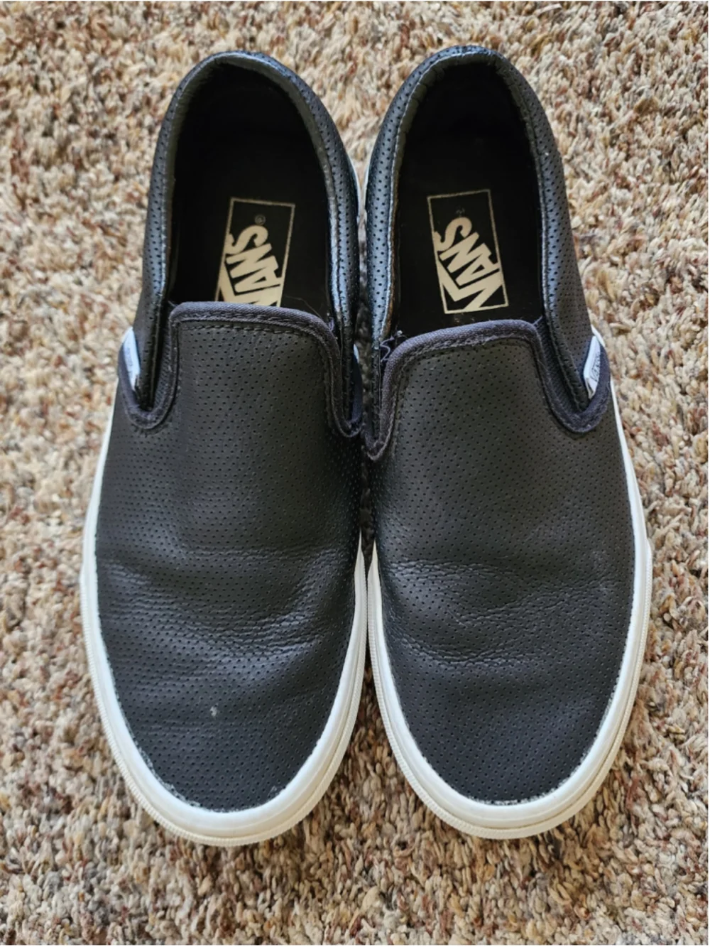 Vans Asher Perforated Leather Slip On‎ Black White Womens 7.5 EUC